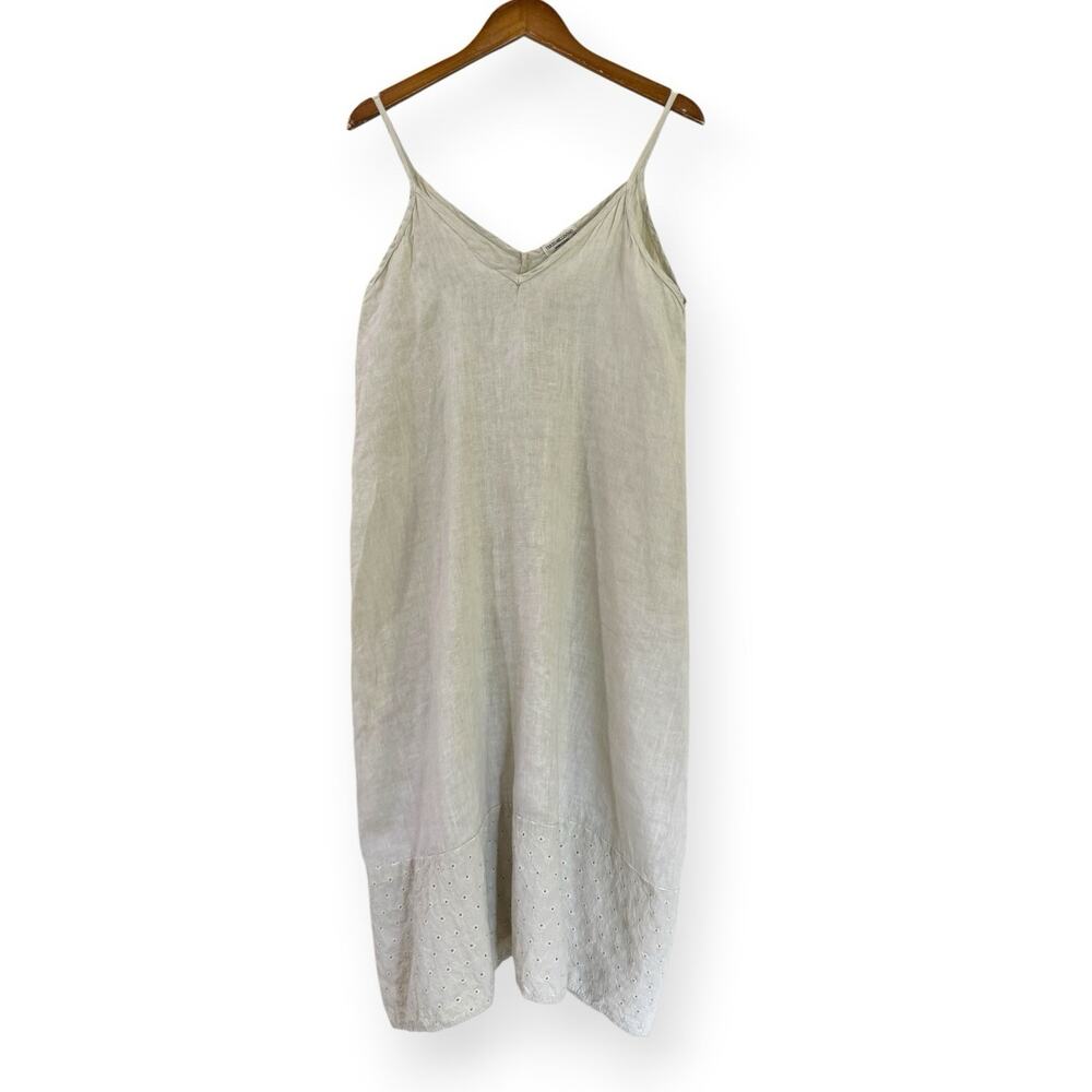 Terzo Millennio Womens L Italy 100% Linen Midi Dress Eyelet Lace Sage Green